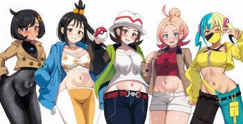 5girls :d :o ahoge aqua_hair bandeau belt black_bodysuit black_hair black_mask blonde_hair blue_eyes blue_jacket blue_nails blush bodysuit breasts brown_belt brown_coat brown_hair brown_jacket canari_(pokemon) choker coat collarbone commentary_request covered_navel cowboy_shot crop_top cropped_shirt emma_(pokemon) eyelashes green_jacket groin hair_bun hair_ornament hand_up harmony_(pokemon) hat highres holding holding_poke_ball jacket large_breasts lida_(pokemon) long_hair looking_at_viewer medium_breasts midriff multicolored_nails multiple_girls navel nintendo nootomo one_eye_closed open_clothes open_coat open_jacket open_mouth orange_hair orange_pants pants poke_ball poke_ball_(basic) pokemon pokemon_legends:_z-a red_sweater shirt short_hair shorts side_ahoge simple_background single_hair_bun skin_tight smile sweater taunie_(pokemon) teeth thighs two-tone_mask two-tone_pants upper_teeth_only v white_background white_choker white_hat white_pants white_shirt white_shorts yellow_bandeau yellow_jacket yellow_nails