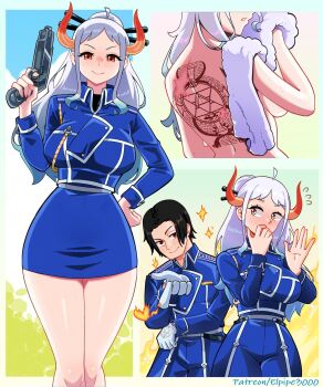 1boy 1girl amestris_military_uniform back_tattoo black_hair blue_hair blue_jacket blue_skirt blush breasts brown_eyes commentary cosplay curled_horns elpipe_3000 english_commentary fire freckles fullmetal_alchemist gloves gradient_hair grey_hair gun hair_ornament hair_stick handgun heart_of_fire highres holding holding_gun holding_weapon horns jacket long_hair multicolored_hair multiple_views nude one_piece orange_horns patreon_username ponytail portgas_d._ace red_eyes riza_hawkeye riza_hawkeye_(cosplay) roy_mustang roy_mustang_(cosplay) sideboob skirt smile tattoo thighs towel weapon white_gloves yamato_(one_piece)