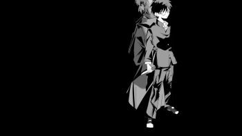 2boys angry back-to-back black_background black_hair brothers commentary_request gakuran glasses highres holding holding_knife holding_weapon ii_nkmk japanese_clothes kimono knife looking_at_another looking_back male_focus medium_hair messy_hair monochrome multiple_boys nanatsu-yoru partially_shaded_face reverse_grip school_uniform shoes siblings step-siblings tohno_shiki tohno_shiki_(2) tsukihime weapon