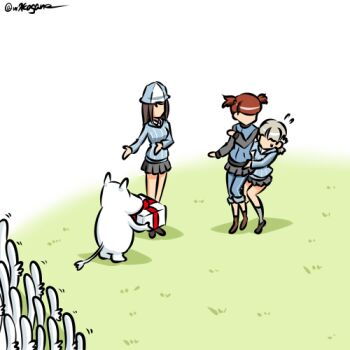 1other 3girls aki_(girls_und_panzer) blue_jacket blue_pants blue_sweater blue_track_suit gift girls_und_panzer grey_skirt happy_birthday hat hattifattener jacket keizoku_military_uniform keizoku_school_uniform kogane_(staygold) lowres mika_(girls_und_panzer) mikko_(girls_und_panzer) miniskirt moomin moomintroll multiple_girls pants pants_under_skirt school_uniform skirt striped_clothes striped_headwear sweat sweater tail track_suit