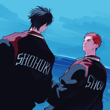 2boys a_nzi_end black_hair black_jacket blue_sky closed_mouth commentary_request highres jacket looking_at_another male_focus multiple_boys ocean outdoors red_hair rukawa_kaede sakuragi_hanamichi short_hair sideburns sky slam_dunk_(series)