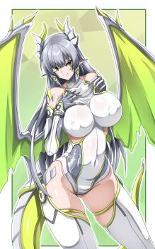 Rule 34 | 1girl, absurdres, animal ears, commentary request, commission, covered erect nipples, covered navel, dragon ears, dragon girl, dragon horns, dragon tail, dragon wings, g (genesis1556), gluteal fold, green eyes, grey hair, hand on own chest, highres, horns, leotard, long hair, monster girl, original, pointy ears, scales, smile, solo, tail, wings