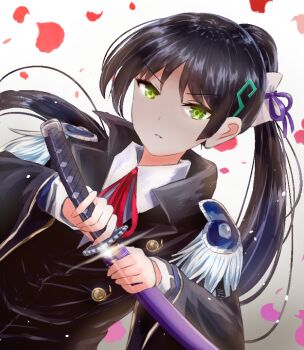 Rule 34 | 1girl, atnamiret, black hair, commentary request, green eyes, hair ornament, heaven burns red, holding, holding sword, holding weapon, katana, long hair, natsume inori, ponytail, ribbon, sheath, sword, unsheathing, weapon