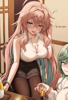 2girls ahoge alcohol azur_lane bare_arms bare_shoulders black_skirt blue_eyes blue_hair blush breasts brown_hair brown_pantyhose buran_(22x) buttons cleavage collared_shirt commentary_request cup drinking_glass green_hair hand_up high-waist_skirt impero_(azur_lane) impero_(drunken_drowsy_dreamer)_(azur_lane) large_breasts littorio_(azur_lane) littorio_(sitting_in_the_rain)_(azur_lane) long_hair looking_at_viewer miniskirt multicolored_hair multiple_girls nose_blush office_lady official_alternate_costume open_mouth pantyhose partially_unbuttoned pencil_skirt shirt shirt_tucked_in shot_glass skirt sleeveless sleeveless_shirt smile solo_focus two-tone_hair very_long_hair white_shirt