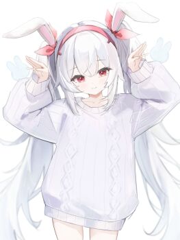 1girl animal_ears aran_sweater arms_up azur_lane blush bow cable_knit closed_mouth collarbone cowboy_shot fake_animal_ears hair_between_eyes hair_bow hairband hands_up highres laffey_(azur_lane) long_hair long_sleeves looking_at_viewer phos_phos pink_bow pink_eyes pink_hairband puffy_long_sleeves puffy_sleeves rabbit_ears rabbit_pose red_eyes red_hairband simple_background smile solo sweater twintails very_long_hair white_background white_hair white_sweater