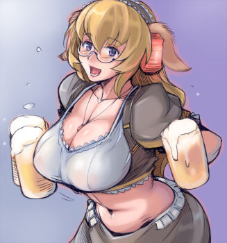 Rule 34 | 1girl, alcohol, animal ears, barmaid, beer, beer mug, blonde hair, blush, breasts, cleavage, collarbone, cup, daiginjou, dirndl, dog ears, female focus, futaba channel, german clothes, glasses, headdress, jewelry, lantern, large breasts, midriff, mug, navel, oktoberfest, open mouth, pendant, purple eyes, solo, traditional clothes, tsuda nanafushi, underbust, wet, wet clothes
