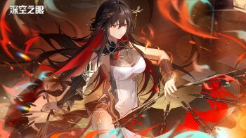 aether_gazer bare_shoulders black_collar black_sleeves breasts brown_hair chinese_commentary cleavage closed_mouth clothing_cutout collar commentary_request covered_navel cowboy_shot cutout_above_navel detached_sleeves dress dual_wielding fire from_above hair_between_eyes hair_ornament hairpin hand_fan highres holding holding_fan lingguang_(aether_gazer) long_hair looking_ahead nail_polish official_art official_wallpaper orange_eyes red_hair red_nails see-through_cleavage see-through_clothes side_slit sidelocks single_detached_sleeve single_sleeve thighs underboob_cutout very_long_hair white_dress white_sleeves wrist_guards