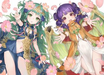 2girls :d :o bracelet braid breasts chain commentary commission dragon_girl dragon_wings dress fingernails fire_emblem fire_emblem:_the_sacred_stones fire_emblem:_three_houses flower gem green_eyes green_gemstone green_hair haru_(nakajou-28) highres jewelry long_hair multiple_girls myrrh_(fire_emblem) navel nintendo open_mouth pink_flower pixiv_commission pointy_ears purple_eyes purple_hair reaching reaching_towards_viewer simple_background small_breasts smile sothis_(fire_emblem) twintails white_background wings