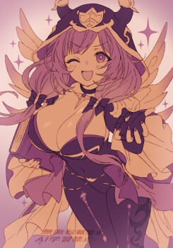 1girl bodysuit breasts choker cleavage covered_navel cowboy_shot doyagao ekra fingerless_gloves four-pointed_star gloves granblue_fantasy hood huge_breasts looking_at_viewer low_twintails monochrome nail_polish official_alternate_costume one_eye_closed open_mouth parted_bangs raziel_(granblue_fantasy) raziel_(page_71_book_of_mischief_on_cataclysms)_(granblue_fantasy) side_part skin_tight smug solo twintails v-shaped_eyebrows watermark