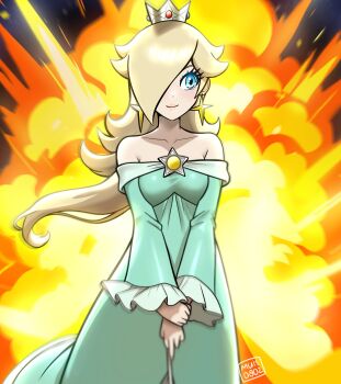 1girl bare_shoulders blonde_hair blue_dress blue_eyes breasts brooch cleavage collarbone cowboy_shot crown dress earrings explosion hair_over_one_eye highres holding holding_wand jewelry long_hair mario_(series) medium_breasts mini_crown muis0802 nintendo off-shoulder_dress off_shoulder rosalina smile solo star_brooch super_mario_galaxy wand