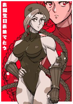 1girl absurdres ahoge antenna_hair artist_name beret bodypaint border braid breasts cammy_white collarbone commentary covered_collarbone cowboy_shot english_commentary facial_scar frown gauntlets hand_on_own_hip hat highres leotard light_frown lips looking_to_the_side medium_breasts monochrome muscular muscular_arms muscular_female outside_border red_background scar scar_on_cheek scar_on_face signature solo street_fighter street_fighter_ii_(series) translation_request triangle twin_braids white_border yung_khan