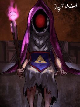 1boy bed facing_viewer fire ghost highres holding holding_stick hood hood_up indoors looking_at_viewer nintendo on_bed one-eyed poe_collector red_eyes sitting solo solua_mnju stick the_legend_of_zelda the_legend_of_zelda:_ocarina_of_time torn_clothes