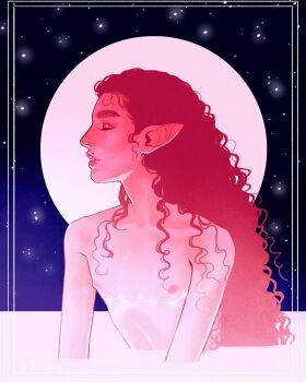 1boy arcanegold border closed_eyes colored_skin commentary cuntboy curly_hair dungeons_&amp;_dragons elf english_commentary eyelashes flat_chest full_moon hair_over_shoulder hair_slicked_back highres in_water inset_border long_hair mastectomy_scar mole mole_above_mouth moon night nude original parted_lips pink_hair pink_skin pointy_ears profile scar scar_on_chest sky star_(sky) starry_sky teeth thick_eyebrows thick_lips upper_body very_long_hair wesley_(arcanegold) wet wet_hair white_border