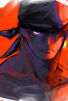 1boy 89gino05 bandana closed_mouth commentary earrings highres jewelry looking_at_viewer male_focus one_eye_closed one_piece portrait red_background red_eyes red_theme roronoa_zoro sideburns solo symbol-only_commentary thick_neck twitter_username