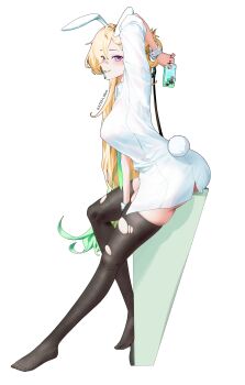 1girl absurdres animal_ears arm_up ass atzza_a black_thighhighs blush breasts cellphone commentary earrings english_commentary fake_animal_ears full_body hair_ornament highres holding holding_phone jewelry large_breasts looking_at_viewer looking_to_the_side lynae_(wuthering_waves) no_shoes phone purple_eyes rabbit_ears rabbit_tail red_pupils shirt skull_hair_ornament smartphone smile solo star_(symbol) star_earrings tail thighhighs thighs torn_clothes torn_thighhighs twisted_torso white_shirt wuthering_waves