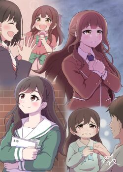 Rule 34 | 1boy, 3girls, :d, black hair, black jacket, blazer, blue necktie, blush, book, bow, bowtie, braid, breast pocket, brick wall, brown hair, closed mouth, collared shirt, commentary request, crying, crying with eyes open, dress shirt, frown, green bow, green bowtie, green shirt, grey bow, grey bowtie, growth170, half updo, hands on own chest, highres, holding, holding book, jacket, long hair, long sleeves, love live!, love live! school idol musical, multiple girls, neckerchief, necktie, open mouth, pinky swear, plaid bow, plaid bowtie, plaid clothes, pocket, profile, puffy short sleeves, puffy sleeves, red jacket, sailor collar, school uniform, serafuku, shirt, short sleeves, side braids, sideways mouth, smile, sobbing, split mouth, takizakura school uniform, takizawa anzu, takizawa kyoka, tears, tsubaki rurika, tsubaki rurika's father, tsubakisakuhana school uniform, w arms, white neckerchief, white sailor collar, white shirt, winter uniform