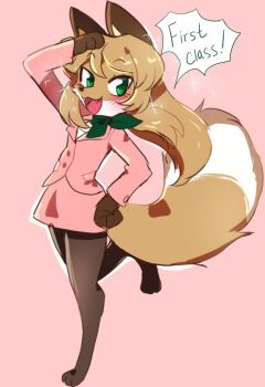 1girl :3 :d animal_ears animal_nose averi_(fiddleafox) blush body_fur commentary digitigrade english_commentary english_text fangs fiddleafox flight_attendant fox_ears fox_girl fox_tail full_body furry furry_female green_eyes green_neckwear hand_on_own_head hand_on_own_hip leg_up long_hair looking_at_viewer open_mouth pink_background pink_skirt red_fox simple_background skirt smile snout solo standing tail travel_attendant white_fur yellow_fur