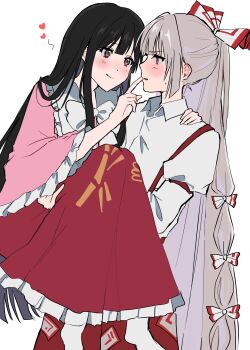 2girls absurdres bamboo_print black_hair blush bow bowtie brown_eyes carrying carrying_person closed_mouth collared_shirt commentary derivative_work eye_contact frilled_shirt_collar frilled_skirt frills fujiwara_no_mokou grey_hair hair_bow heart highres houraisan_kaguya jyazo_pic long_hair long_sleeves looking_at_another multiple_girls multiple_hair_bows ofuda ofuda_on_clothes pants pink_shirt princess_carry print_skirt red_eyes red_pants red_skirt shirt simple_background skirt smile socks suspenders touhou very_long_hair white_background white_bow white_bowtie white_shirt white_socks wide_sleeves yuri