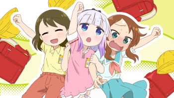 3girls :d :o backpack bag black_bow blue_eyes blunt_bangs blush bow brown_hair casual character_request closed_eyes collared_shirt eyebrows_hidden_by_hair flower_hairclip frilled_shirt frilled_thighhighs frills gradient_hair green_eyes green_skirt hair_bow hair_ornament hairband hand_up happy hat highres holding_another's_arm jumping kagero_(plusup) kanna_kamui kobayashi-san_chi_no_maidragon multicolored_hair multiple_girls name_tag neckerchief open_mouth pink_shirt randoseru saikawa_riko sailor_collar shirt short_sleeves shy sidelocks skirt smile thighhighs white_thighhighs yellow_hat yellow_shirt