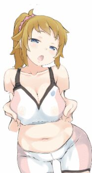 10s 1girl animated animated_gif blonde_hair blue_eyes blush breasts cleavage female_focus grabbing_another&#039;s_breast groping gundam gundam_build_fighters gundam_build_fighters_try hoshino_fumina hybrid_animation large_breasts lowres midriff navel nipples open_mouth plump simple_background solo white_background
