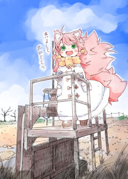 1girl animal_ear_fluff animal_ears bare_tree blue_mittens blue_sky blush_stickers brown_shoes cloud coat day fang field floating_hair fluffy_hair fox_ears fox_girl fox_tail full_body grass green_eyes hair_bobbles hair_ornament hand_on_railing hatching_(texture) highres ladder long_hair long_sleeves looking_at_viewer low-tied_sidelocks mittens nomeoil open_mouth original outdoors pink_hair platform power_lines scarf shoes sidelocks skin_fang sky smile solo standing tail translation_request tree valve white_coat yellow_scarf