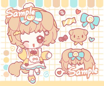 1girl ;d animal_ears apron black_bow black_bowtie blue_bow blue_shoes blush_stickers bow bowtie brown_eyes brown_hair candy candy_hair_ornament chibi chibi_only dog dog_ears dog_girl dog_tail dress food food-themed_hair_ornament full_body grid_background hair_bow hair_ornament hand_up heart highres long_sleeves looking_at_viewer one_eye_closed open_mouth original qin'aide sample_watermark shoes short_hair smile socks solo standing standing_on_one_leg tail thick_eyebrows watermark white_apron white_background wrapped_candy yellow_dress yellow_socks