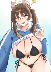 Rule 34 | 1girl, absurdres, animal ears, bikini, black bikini, blue archive, blue sweater, breasts, brown eyes, brown hair, cleavage, collarbone, commentary request, curvy, glasses, gradient background, halo, highres, large breasts, looking at viewer, mechanical halo, medium hair, michill 1121, moe (blue archive), moe (swimsuit) (blue archive), navel, official alternate costume, open mouth, round eyewear, side-tie bikini bottom, simple background, skindentation, smile, solo, sweater, swimsuit, thighs, twintails