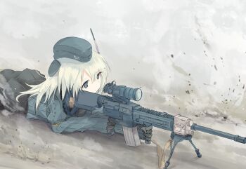 10s 1girl aiming assault_rifle bipod blonde_hair blue_eyes cropped_jacket debris expressionless female_focus garrison_cap gun hat kantai_collection long_sleeves lying nao_(qqqbb) on_ground on_stomach outdoors rifle sniper solo u-511_(kancolle) upper_body weapon