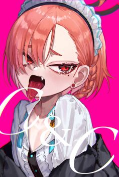 1girl absurdres asymmetrical_bangs black_jacket blue_archive braid center_frills commentary_request earrings fang frills group_name halo highres jacket jacket_partially_removed jewelry lechiennoir maid_headdress mole mole_under_eye neck_ribbon neru_(blue_archive) open_collar open_mouth orange_hair pink_background red_eyes ribbon saliva short_hair simple_background single_braid solo stud_earrings tongue tongue_out undone_neck_ribbon upper_body