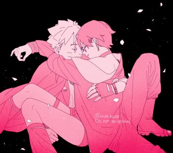 1boy 1girl arm_around_waist arms_around_neck blue_eyes boots boruto:_two_blue_vortex choker closed_eyes collared_cape commentary earrings facial_mark fingerless_gloves gloves hetero highres jacket jewelry knees_together_feet_apart limited_palette looking_at_viewer loose_socks naruto_(series) one_eye_closed onka_(aun_ka28) open-toe_boots pants petals pink_theme scar scar_across_eye scar_on_face short_hair single_fingerless_glove smile socks spot_color symbol-only_commentary thigh_strap uchiha_sarada uzumaki_boruto whisker_markings