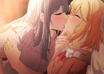 2girls absurdres anisphia_wynn_palettia blonde_hair blush closed_eyes commentary_request dress euphyllia_magenta grey_dress grey_hair hand_on_another's_arm hand_on_another's_chin highres kiss long_hair medium_hair melonpan134 multiple_girls off-shoulder_dress off_shoulder pillow pink_dress tensei_oujo_to_tensai_reijou_no_mahou_kakumei yuri