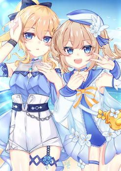 absurdres barbara_(genshin_impact) barbara_(summertime_sparkle)_(genshin_impact) bird blonde_hair blue_eyes blue_flower blue_hat blush bow breasts chain choker dress flower genshin_impact hat highres jean_(genshin_impact) jean_gunnhildr_(sea_breeze_dandelion) open_mouth ponytail rose sailor_collar smile thigh_strap white_flower ying_miao