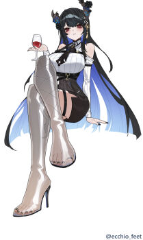 1girl absurdres alcohol black_hair boots crossed_legs cup drinking_glass ecchi-o feet highres hololive horns long_hair looking_at_viewer miniskirt multicolored_hair nerissa_ravencroft parted_lips red_eyes see-through_clothes see-through_footwear shaded_face skirt soles toes two-tone_hair wine wine_glass