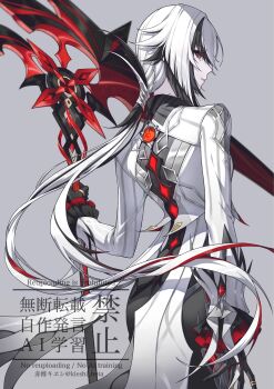 1girl akazu_kieshi arlecchino_(genshin_impact) black_eyes black_hair black_hands black_pants black_streaks coat colored_extremities crimson_moon's_semblance_(genshin_impact) from_behind genshin_impact hashtag-only_commentary highres holding holding_scythe looking_at_viewer looking_back multicolored_hair pants parted_lips red_pupils scythe solo streaked_hair symbol-shaped_pupils vision_(genshin_impact) white_coat white_hair x-shaped_pupils