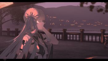 Rule 34 | 1girl, absurdres, artist logo, black collar, black dress, blue bow, blue eyes, bow, breasts, closed mouth, collar, colored eyelashes, commentary, dress, english commentary, evening, from side, hair bow, hair rings, hand up, highres, jinhsi (wuthering waves), letterboxed, logo, long hair, medium breasts, outdoors, profile, qurami, solo, upper body, white eyelashes, white hair, wuthering waves