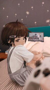 2girls annotated bed black_bow blurry blurry_background blurry_foreground bow brown_eyes brown_hair casual closed_mouth commentary controller curled_up depth_of_field dress dress_bow fetal_position from_behind from_side frown game_controller grey_dress hair_ornament hairclip headboard highres holding holding_controller holding_game_controller hugging_own_legs indoors looking_at_viewer looking_back looking_to_the_side loose_hair_strand media_player_interface messy_hair multiple_girls nightstand on_bed original pinafore_dress pov pov_hands russian_commentary sad servachok shirt short_hair short_sleeves sitting sleeveless sleeveless_dress solo_focus tablet_pc tanya_(servachok) tissue_box unhappy wallpaper_(object) white_shirt xbox_controller