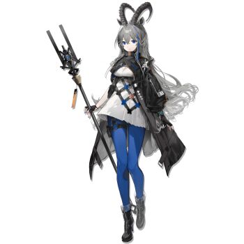 1girl akkord_(arknights) arknights blue_eyes blue_nails blue_pantyhose chi4 full_body grey_hair highres holding holding_staff horns long_hair official_art pantyhose simple_background solo staff standing tachi-e third-party_source transparent_background