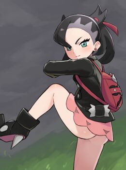 1girl absurdres ankle_boots ass asymmetrical_bangs backpack bag black_boots black_hair black_jacket blush boots chiwino closed_mouth cloud cloudy_sky commentary_request dress earrings eyelashes grass green_eyes hair_ribbon highres jacket jewelry leg_up marnie_(pokemon) medium_hair nintendo no_panties outdoors pink_dress pokemon pokemon_swsh red_bag red_ribbon ribbon sky solo standing standing_on_one_leg throwing