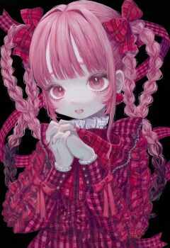 1girl black_background bow bowtie braid commentary_request eyelashes frilled_sleeves frills hair_bow highres long_hair long_sleeves looking_at_viewer monou_pico multiple_braids nail_polish original own_hands_clasped own_hands_together pink_eyes pink_hair plaid_bow plaid_bowtie plaid_clothes quad_braids red_bow red_bowtie simple_background smile solo upper_body