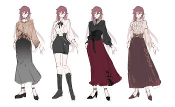 1girl alternate_costume artist_collaboration black_boots black_shoes black_skirt boots brown_hair brown_shirt brown_skirt commentary eden_(honkai_impact) english_commentary hair_between_eyes high_heels highres honkai_(series) honkai_impact_3rd long_hair long_skirt long_sleeves looking_at_viewer multiple_views red_skirt reference_sheet sang_sha shirt shoes simple_background sketch skirt white_background white_shirt yellow_eyes zelian