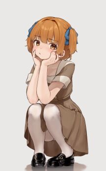 1boy 50-nin_craft absurdres black_shoes blue_ribbon blunt_bangs blush brown_dress brown_jacket buttons closed_mouth collarbone cropped_jacket crossdressing crossdressing_(mtf) dress elbow_rest furrowed_brow hair_intakes hair_ribbon hand_on_own_cheek hand_on_own_face hands_on_own_cheeks hands_on_own_chin hands_on_own_face head_rest head_tilt highres jacket legs_together loafers looking_at_viewer male_focus omochi_art753 orange_eyes orange_hair panties panty_peek pigeon-toed pout ribbon shirt shoes short-sleeved_jacket short_hair short_sleeves sidelocks simple_background solo square_neckline squatting straight_hair thigh_peek thighhighs trap two_side_up underwear wadrud_(youtuber) white_panties white_thighhighs