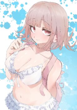 1girl amaruru0723 backpack bag bare_shoulders bikini blunt_bangs brown_hair closed_mouth commentary_request danganronpa_(series) danganronpa_2:_goodbye_despair hand_up medium_hair nanami_chiaki navel pink_bag pink_eyes shiny_skin smile solo stomach swimsuit white_bikini