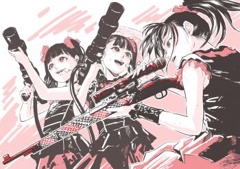 Rule 34 | 3girls, babymetal, black dress, black hair, bolt action, dress, gun, hair behind ear, headset, highres, hiraoka koushi, holding, holding gun, holding weapon, kikuchi moa, mauser 98, medium hair, microphone, mizuno yui, multiple girls, nakamoto suzuka, open mouth, parted lips, ponytail, real life, red eyes, rifle, smile, twintails, weapon