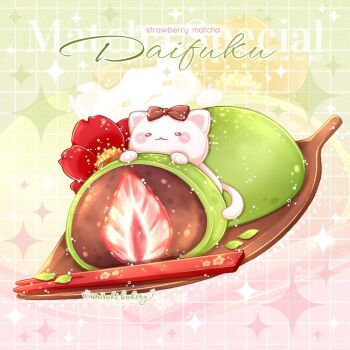 animal_focus artist_name baby_animal bow brown_bow camellia cat chocomiruki chopsticks daifuku flower food food_focus fruit gradient_background green_background grid_background ichigo_daifuku kitten light_particles matcha_(food) no_humans original pink_background red_flower sparkle strawberry strawberry_slice wagashi white_cat zoom_layer