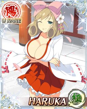 1girl ;p arms_under_breasts border bow breasts brown_hair card_(medium) character_name cleavage crossed_arms curled_ends day falling_petals flower game_cg green_eyes hair_bow hair_flower hair_ornament hakama hakama_short_skirt hakama_skirt haruka_(senran_kagura) japanese_clothes large_breasts looking_at_viewer medium_hair nontraditional_miko official_art one_eye_closed outdoors petals pink_bow red_skirt ribbon-trimmed_sleeves ribbon_trim senran_kagura senran_kagura_new_wave skirt solo swept_bangs third-party_source tongue tongue_out wide_sleeves