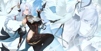 1girl absurdres aqua_eyes bare_shoulders bird braid breast_curtain breasts closed_mouth clothing_cutout commentary covered_navel detached_sleeves earrings genshin_impact grey_hair hair_ornament highres hip_vent holding holding_polearm holding_weapon jewelry large_breasts long_hair looking_to_the_side low-braided_long_hair low-tied_long_hair nery_(nerypaint) polearm shenhe_(genshin_impact) sleeveless_bodystocking weapon white_bird