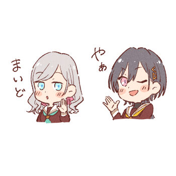 Rule 34 | 2girls, :o, ;d, blue eyes, blush stickers, brown dress, ceras yanagida lilienfeld, commentary request, deformed, dress, edel note, grey hair, hair ribbon, hand up, hasu no sora school uniform, jellyfish cut, katsuragi izumi, link! like! love live!, long hair, long sleeves, looking at viewer, love live!, multiple girls, neckerchief, one eye closed, open mouth, parted lips, pink eyes, pink ribbon, ribbon, sailor collar, sailor dress, sakuma yoru, school uniform, simple background, smile, virtual youtuber, waving, wavy hair, white background, white sailor collar, winter uniform, yellow neckerchief