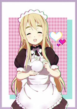 1girl absurdres apron black_dress blonde_hair bow bowtie breasts chromatic_aberration closed_eyes commentary dress heart highres holding holding_teapot k-on! kotobuki_tsumugi long_hair long_sidelocks maid maid_headdress notus_23 open_mouth puffy_short_sleeves puffy_sleeves short_sleeves sidelocks teapot thick_eyebrows white_apron white_bow white_bowtie