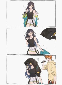 1boy 1girl 3koma black_hair closed_eyes comic hair_ornament holding hood hooded_jacket hoodie jacket long_hair mask microphone orange_hair project_sekai shiaknl shinonome_akito shiraishi_an short_hair shorts silent_comic tank_top white_shorts
