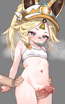 1girl absurdres animal_ears bare_shoulders blue_eyes blush bottomless bra breasts brown_hair chinchilla_ears chinchilla_girl cleft_of_venus cunvaroy disembodied_hand disembodied_penis erection from_behind genshin_impact grabbing_from_behind grey_background grinding hair_ornament hands_on_another&#039;s_hips heavy_breathing hetero highres imminent_penetration kachina_(genshin_impact) large_penis loli looking_at_penis looking_down navel open_mouth penis penis_awe precum pussy simple_background small_breasts steam thigh_sex thighs torso_grab training_bra uncensored underwear veins veiny_penis visor_cap